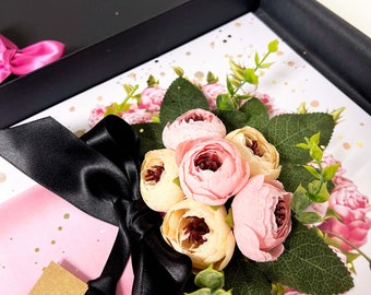 Personalized Peony Birthday Card: Handmade Silk Flower Bouquet, Boxed