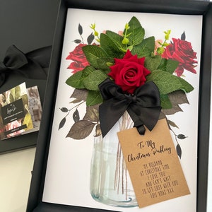 Personalised Scented Red Rose Christmas card for Wife or Fiancee, Boxed + Handmade with Scented everlasting velvet rose