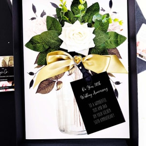 Tarjeta de lujo del 50.° aniversario: cinta dorada, corazón de cristal, topacio citrino, caja personalizada hecha a mano para el 50.° aniversario