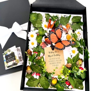 Boîte cadeau d'anniversaire papillon orange de luxe, carte A4 forêt florale parfumée, forêt, dames, filles cadeau d'anniversaire personnalisé