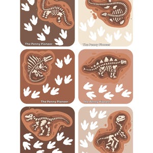 Puede incluir: Seis ilustraciones de esqueletos de dinosaurios en tierra marrón con huellas de dinosaurios blancas. Cada ilustración tiene el texto "The Penny Pioneer" debajo.