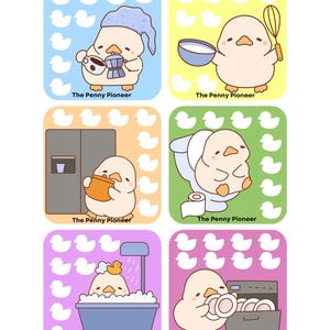 May include: Five illustrated cards featuring a cartoon chick doing various chores around the house. The chick is wearing a blue sleep cap, holding a coffee pot, a whisk, a pot, a rubber ducky, and a plate. Each card has a background of white duck silhouettes.