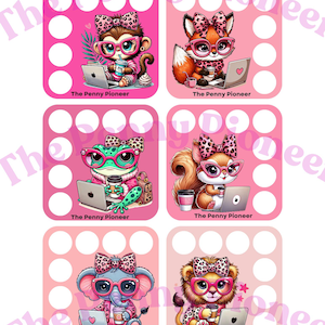 May include: A sheet of six pink stickers featuring cartoon animals with glasses and bows, each with a laptop and coffee cup. The text "The Penny Pioneer" is at the bottom of each sticker.