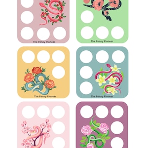 May include: Six colorful cards with a snake and flowers design. Each card has five empty circles and the text "The Penny Pioneer".