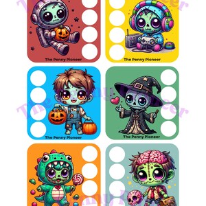 May include: A sheet of six colorful Halloween-themed stickers. Each sticker features a cartoon zombie character in various costumes, including an astronaut, a gamer, and a witch. The text "The Penny Pioneer" is printed on each sticker.