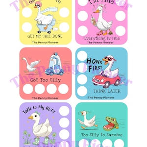 May include: A set of six square stickers with cartoon geese in various humorous situations. Each sticker has a different background color and text, including "On My Way To Get My Shit Done" and "I'm Fine."