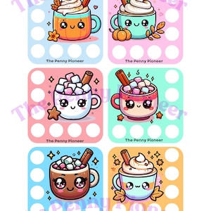 May include: A sheet of stickers featuring six cartoon mugs of hot beverages. Each mug has a cute face, whipped cream, and a cinnamon stick. The mugs are orange, teal, pink, red, brown, and light blue. The text "The Penny Pioneer" is at the bottom of each sticker.