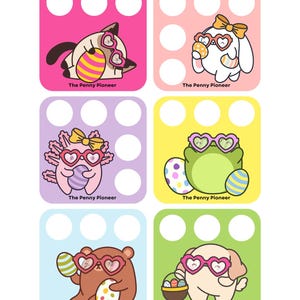 May include: Four colorful cards with different animals wearing heart-shaped sunglasses and holding Easter eggs. Each card has the text "The Penny Pioneer" at the bottom.