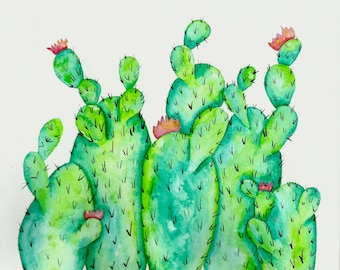 Original Cactus with Flowers Watercolor Painting