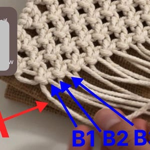 May include: Close-up of a white macrame knot with three strands labeled B1, B2, and B3. A red arrow points to the left, labeled A.