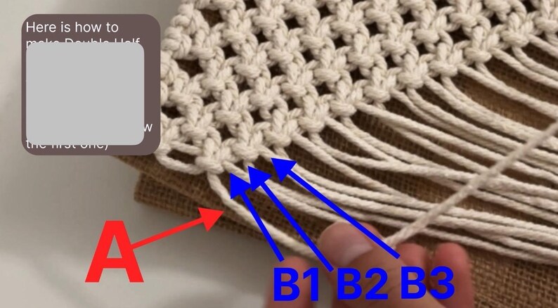 May include: Close-up of a white macrame knot with three strands labeled B1, B2, and B3. A red arrow points to the left, labeled A.