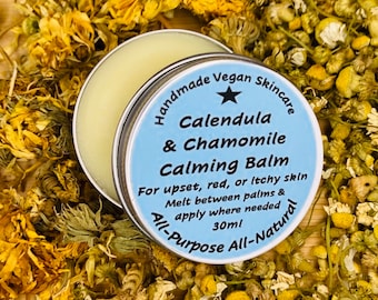 Calming all-purpose all-natural vegan balm with Calendula and Chamomile for itchy flare ups, redness, sore bits, dry or irritated skin.