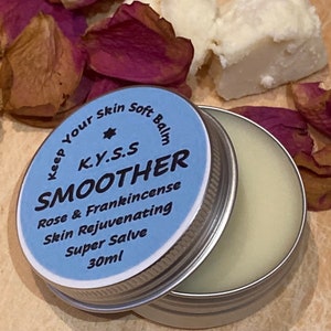 Skin smoothing and rejuvenating all-purpose all-natural vegan balm - Rose & Frankincense for moisture, healing and relaxing. A super salve!