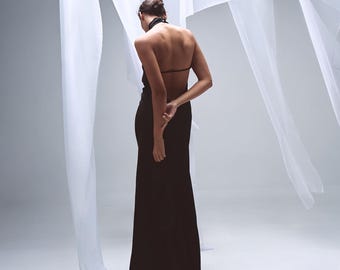 Open Back Black Maxi Dress: 100% Lyocell Cocktail Bridesmaid Dress