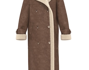Handmade Long Brown Faux Shearling Coat: Buffalo Bone Buttons