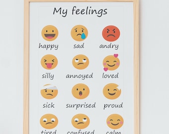 Feelings Poster, Bilingual, English and Spanish Emotions Chart, Montessori Homeschool Decor, Feelings Print, Classroom Art, PRINTABLE