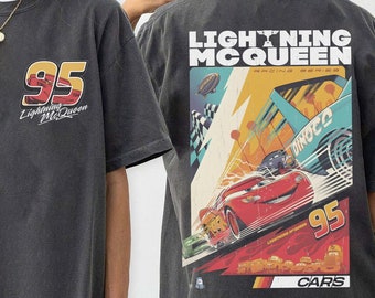2 zijden Limited McQueen Comfort Color T-shirt Vintage Cars Movie Tee Lightning McQueen Number Shirt - Paar Shirts Oversized Washed Tee