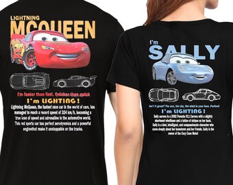 Camicia di colore comfort abbinata a auto d'epoca, t-shirt per coppia Saetta Mcqueen e Sally, t-shirt limitata McQueen T-shirt lavata oversize