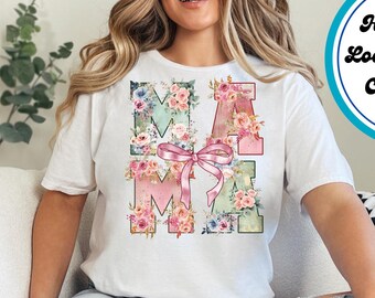 Floral MAMA Shirt with Bow – Watercolor Patchwork Letters Tee, Pastel Mother’s Day Gift, Vintage Cottagecore Mom Shirt, Feminine Spring Top