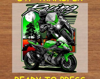 Motorcycle DTF Transfer Iron On Heat Transfer - Ready to Press Hot Peel, Green Motorcycle Adventure Design