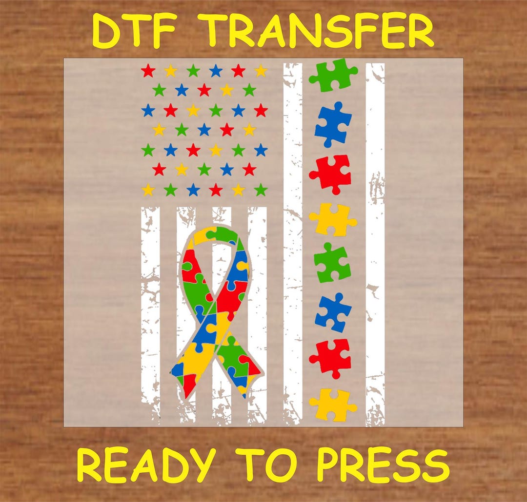 Autism Awareness Flag Puzzle Ribbon and Stars Design DTF Transfer ...