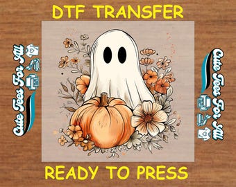 Halloween DTF Transfer – Ready to Press Iron On Heat Transfer Ghost with Pumpkins and Fall Flowers Autumn Decal for DIY Shirts