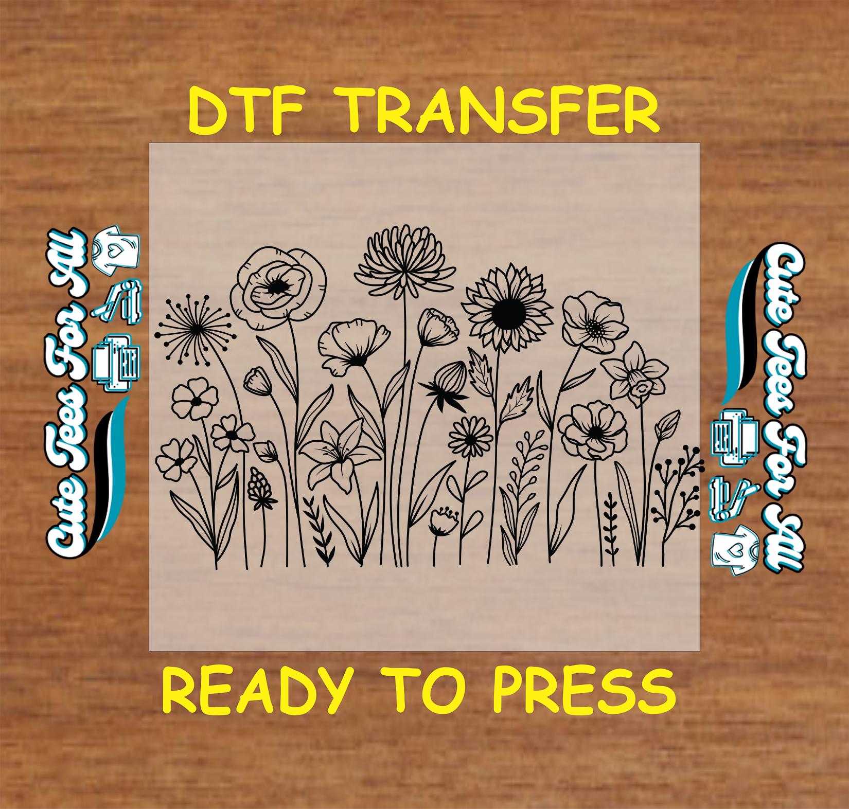 Wildflower Outline DTF Transfer Black Floral Ready to Press Iron on ...