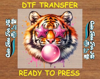 Tiger DTF Transfer – Bubblegum Star Glasses Tiger Design Iron On Heat Transfer Decal Ready to Press DTF for DIY Retro Shirts