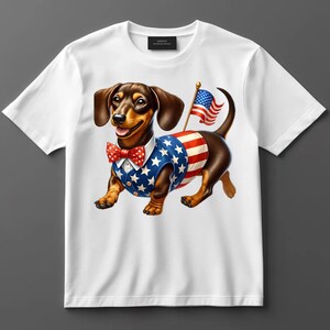 Patriotic Dachshund 4th of July Shirt or Sweatshirt – American Flag Wiener Dog with Stars and Stripes Bow Tie Graphic Tee, Funny USA Apparel