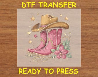 Western DTF Transfer Iron On Heat Transfer - Ready to Press, Pink Cowboy Boots and Hat DTF Transfer - Ready to Press Western Print DIY
