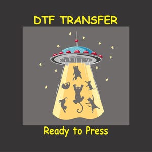 May include: A yellow UFO with red accents is beaming up a group of black cat silhouettes against a gray background. The text "DTF TRANSFER" is above the UFO and "Ready to Press" is below.