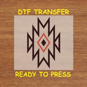 May include: A white DTF transfer sheet with a black and red geometric design. The text "DTF TRANSFER" is at the top of the sheet and "READY TO PRESS" is at the bottom.