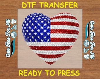 4th Of July DTF Transfer Iron On Heat Transfer - American Flag Rhinestone Heart DTF Transfer - Ready to Press for DIY Independence Day Shirt