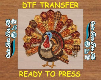 Rustic Patchwork Turkey DTF Transfer – Thanksgiving Heat Press Iron On Decal for DIY Fall Shirts
