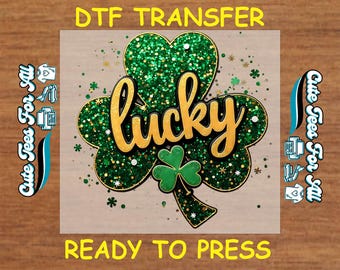 St. Patrick’s Day DTF Transfer – Lucky Shamrock Glitter Design Iron On Heat Transfer Decal Ready to Press DTF for DIY St. Patrick’s Shirts