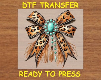 Western DTF Transfer Iron On Heat Transfer - Ready to Press, Leopard Turquoise Bow DTF Transfer - Ready to Press Western Print DIY Shirt