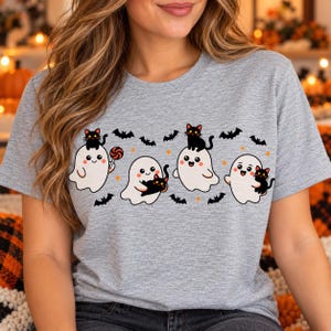 Cute Ghost and Black Cat Halloween Shirt, Kawaii Ghosts with Bats Graphic Tee, Spooky Season T-Shirt for Cat Lovers