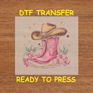 Western DTF Transfer Iron On Heat Transfer - Ready to Press, Pink Cowboy Boots and Hat DTF Transfer - Ready to Press Western Print DIY
