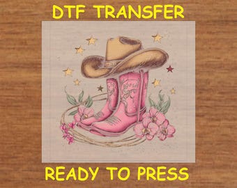 Western DTF Transfer Iron On Heat Transfer - Ready to Press, Pink Cowboy Boots and Hat DTF Transfer - Ready to Press Western Print DIY