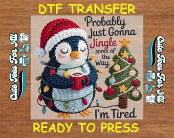 Penguin Christmas DTF Transfer – Knit Style Iron On Heat Transfer Decal Ready to Press DTF for DIY Holiday Shirts