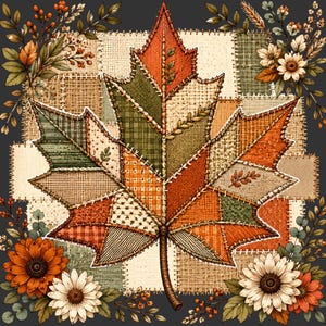 May include: A large maple leaf composed of various fabric patches in shades of orange, green, and beige, featuring visible white stitching along the seams. The leaf is centered over a patchwork background with floral accents in the corners.