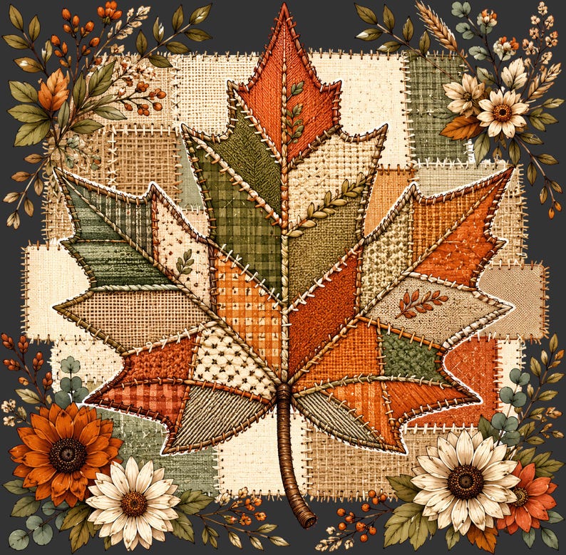 May include: A large maple leaf composed of various fabric patches in shades of orange, green, and beige, featuring visible white stitching along the seams. The leaf is centered over a patchwork background with floral accents in the corners.