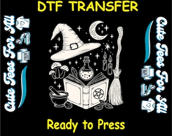Halloween DTF Transfer – Ready to Press Iron On Heat Transfer Witch Hat, Spell Book, Broom, Potion, and Magic Decal for DIY Halloween Shirts