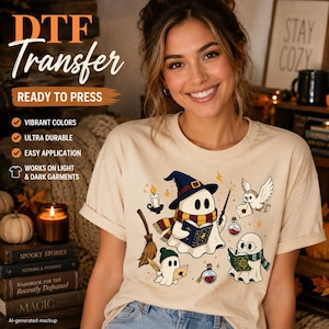 May include: A beige t-shirt featuring a graphic print of three ghosts in wizard attire, including a ghost with a hat and scarf reading a book, a ghost with glasses reading, and a small ghost with a quill, alongside a broom, owl, and potions.