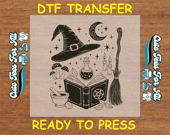 Halloween DTF Transfer – Ready to Press Iron On Heat Transfer Witch Hat, Potion Book, Broom, and Candles Decal for DIY Halloween Shirts
