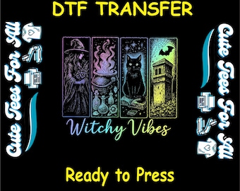 Halloween DTF Transfer Ready to Press – Witchy Vibes Rainbow Cauldron Cat Tower Scene, Spooky Goth Iron On Heat Transfer for DIY Shirts