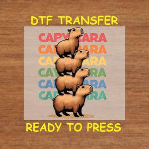 May include: A digital transfer design featuring a stack of five capybaras with the text "CAPYBARA" repeated in rainbow colors. The text "DTF TRANSFER" appears at the top and "READY TO PRESS" at the bottom.