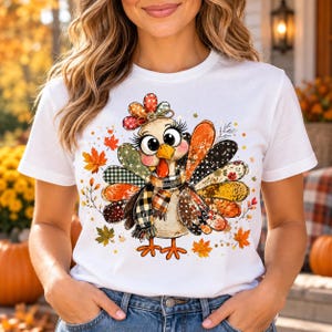 Cute Turkey Thanksgiving Shirt, Patchwork Turkey Bow T-Shirt, Fall Leaves Graphic Tee, Plaid Scarf Autumn Shirt for Women
