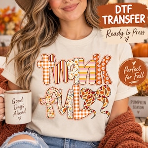 Thanksgiving DTF Transfer – Thankful Patchwork Bow Iron On Heat Transfer Decal Ready to Press for DIY Fall Shirts
