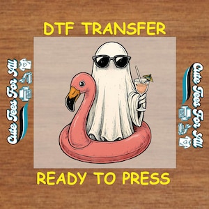 Halloween DTF Transfer Ready To Press – Funny Retro Ghost in Flamingo Floatie with Cocktail, Ready to Press Iron On Heat Transfer for DIY